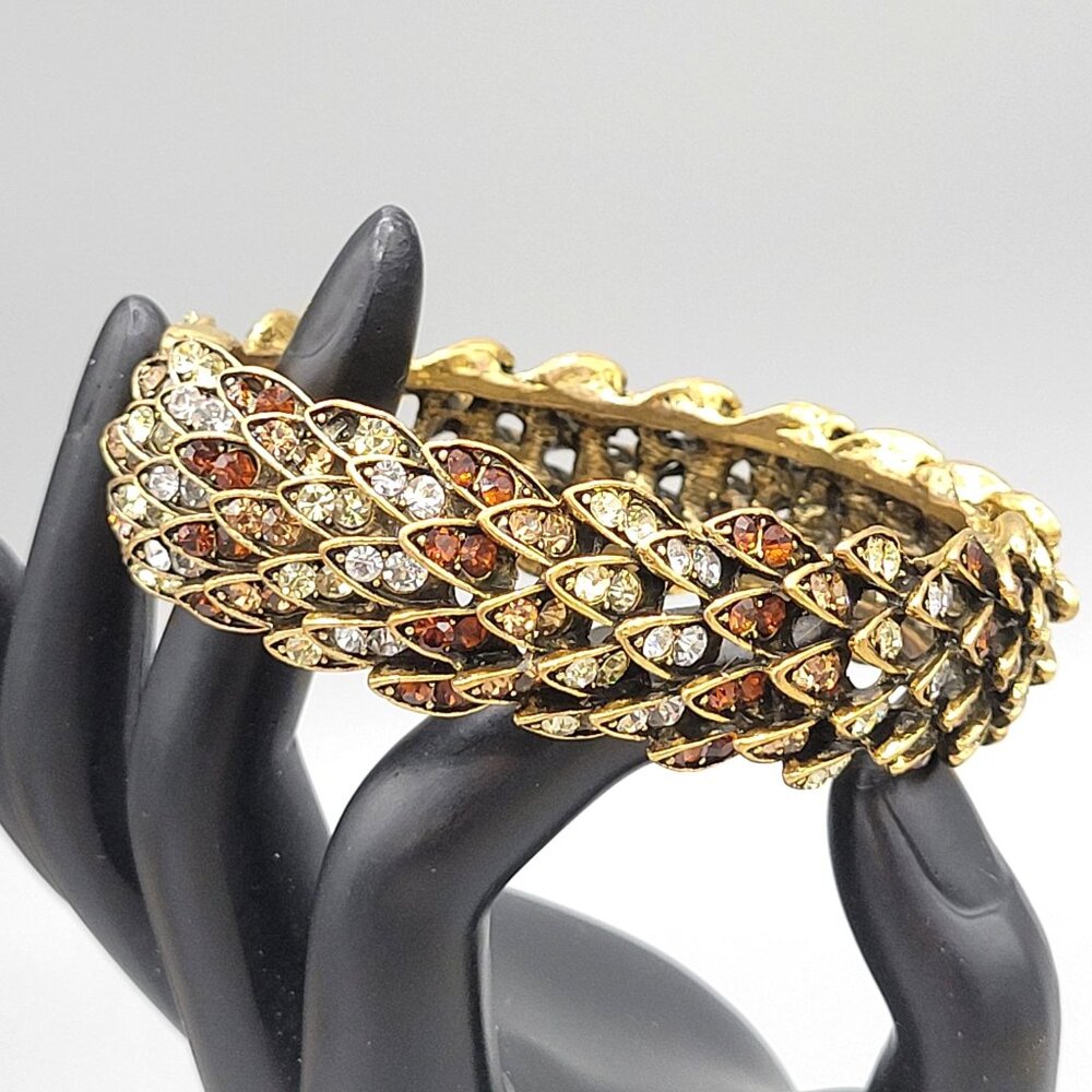 Rhinestone Feather Hinged Bangle Bracelet Clamper Tan White Gold Tone Metal